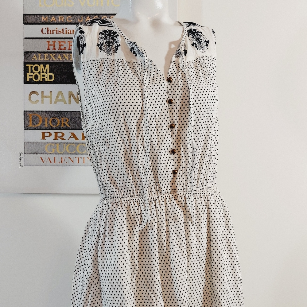 3/$50 Lucky brand navy polka dots viscose summer dress Pinup nautical Size Xs